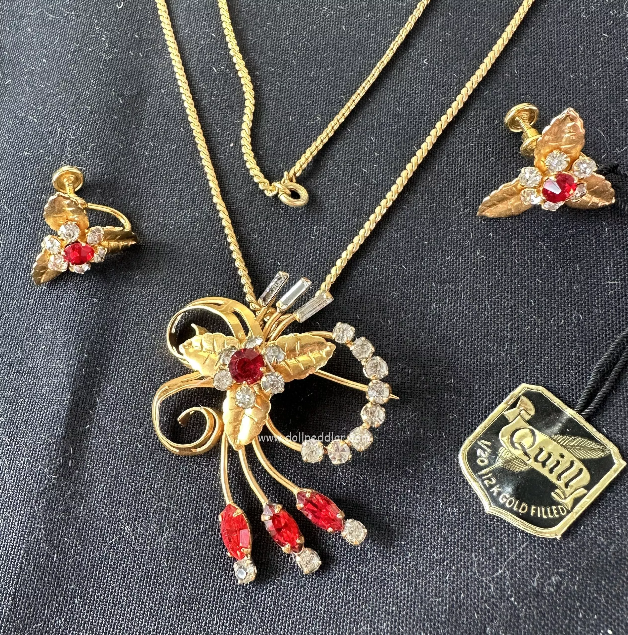 “Aphrodite” Vintage Tru-Kay Box Set, Crystal and Red Rhinestones in Faux Velvet Box