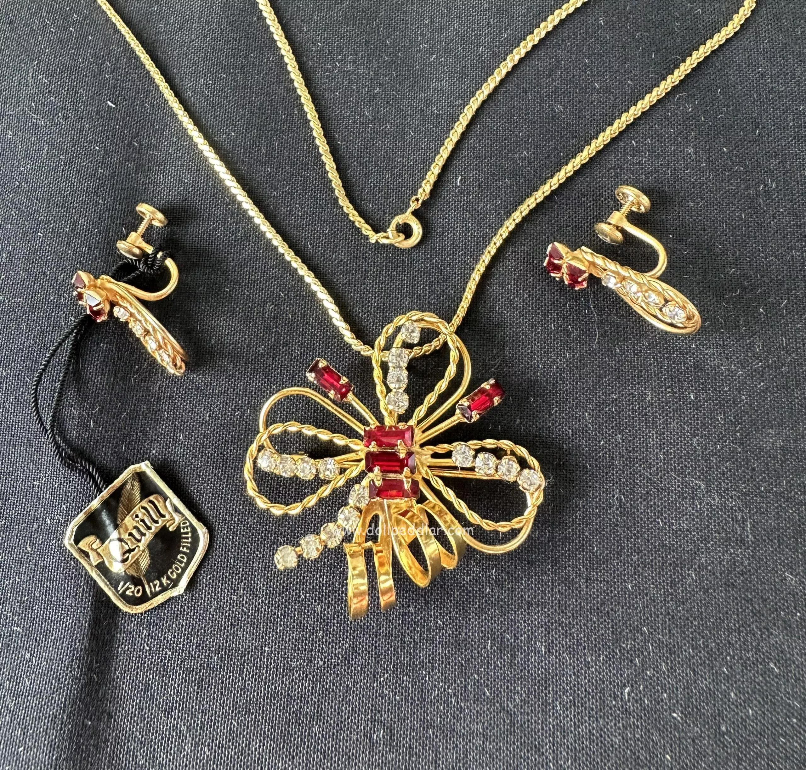 “Arke” Vintage Tru-Kay Box Set, Crystal and Red Rhinestones Butterfly Design in Original Faux Velvet Case
