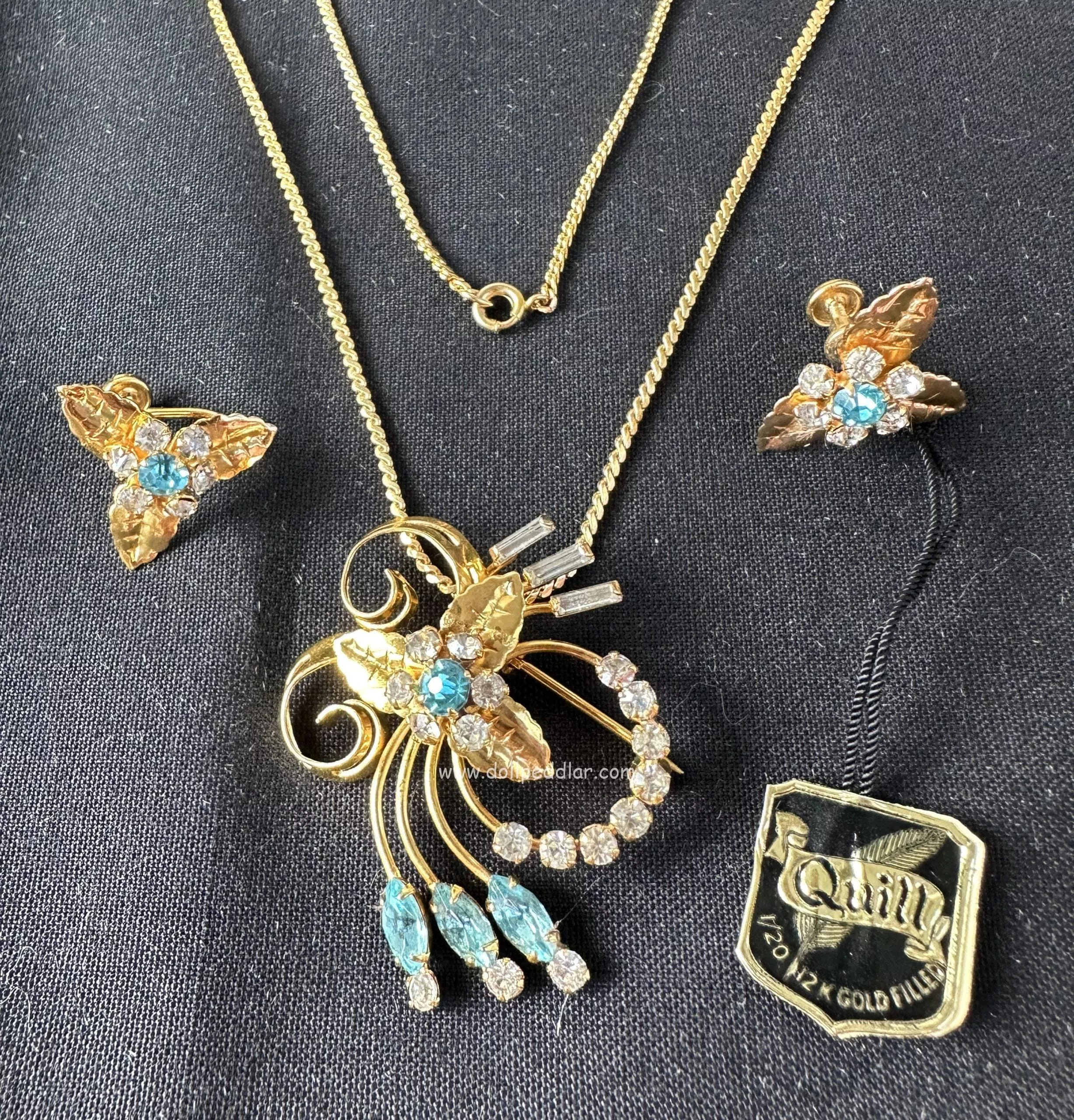 “Athena” Vintage Tru-Kay Box Set, Crystal and Aqua Rhinestones in Faux Velvet box