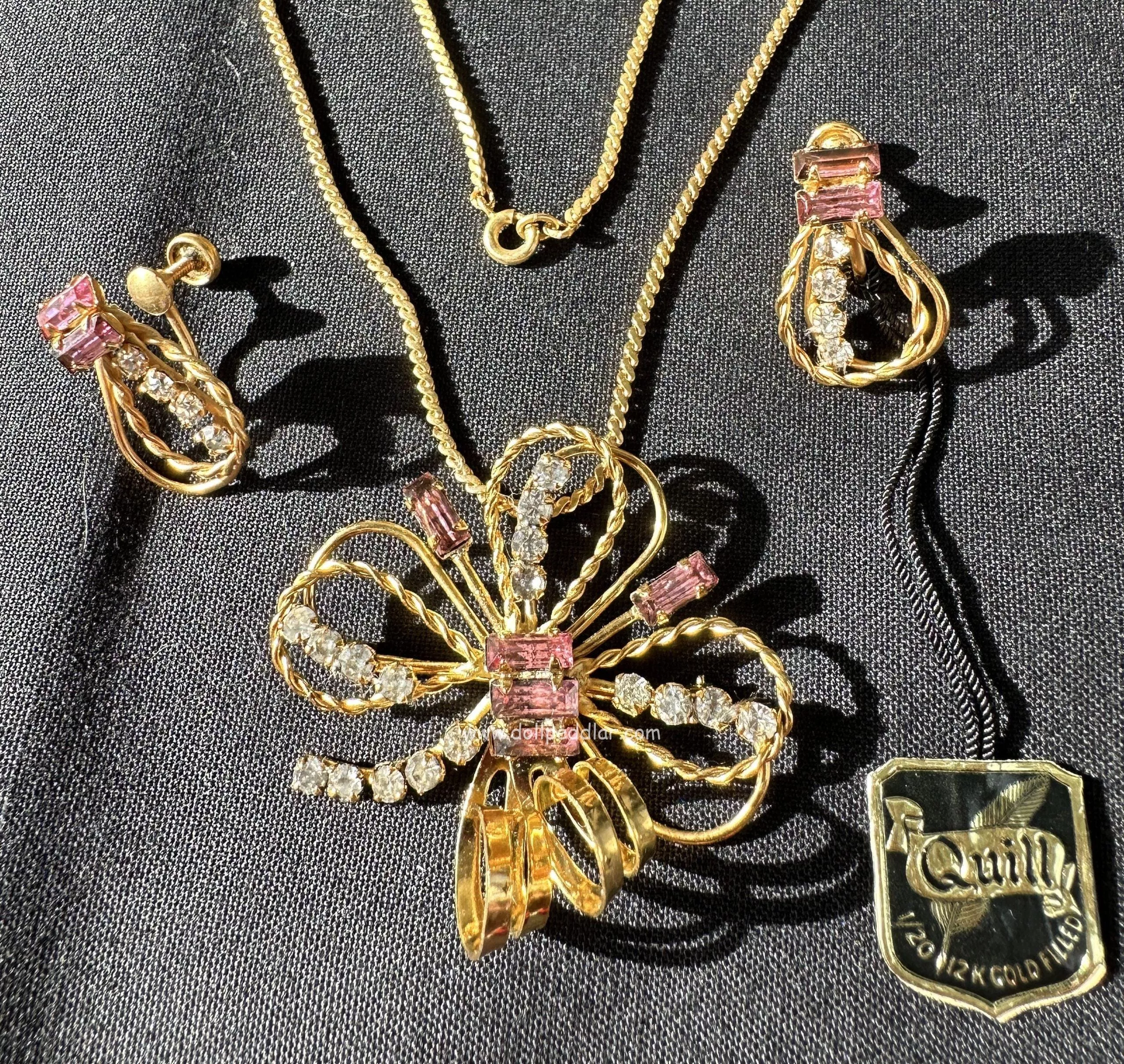 “Iris” Vintage Tru-Kay Box Set, Crystal and Pink Rhinestones Butterfly Design in Original Faux Velvet Case