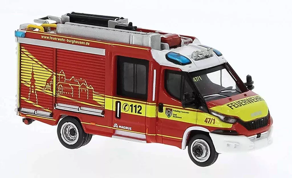 PREORDER Brekina HO PCX870549 Iveco Magirus Daily MLF, Assembled, Burghausen, Germany (red, white, yellow, German Lettering)